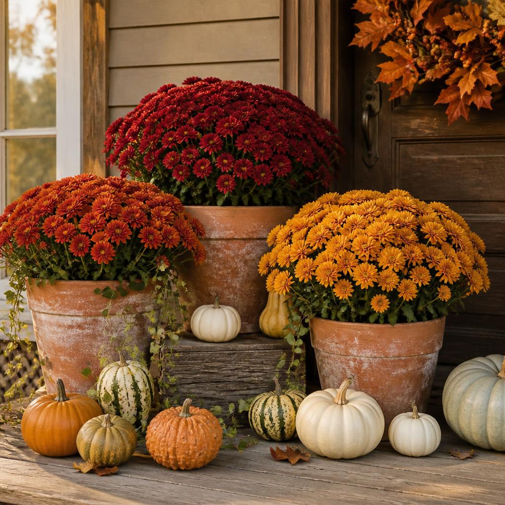 Mums and pumpkins arranged for a fall gathering