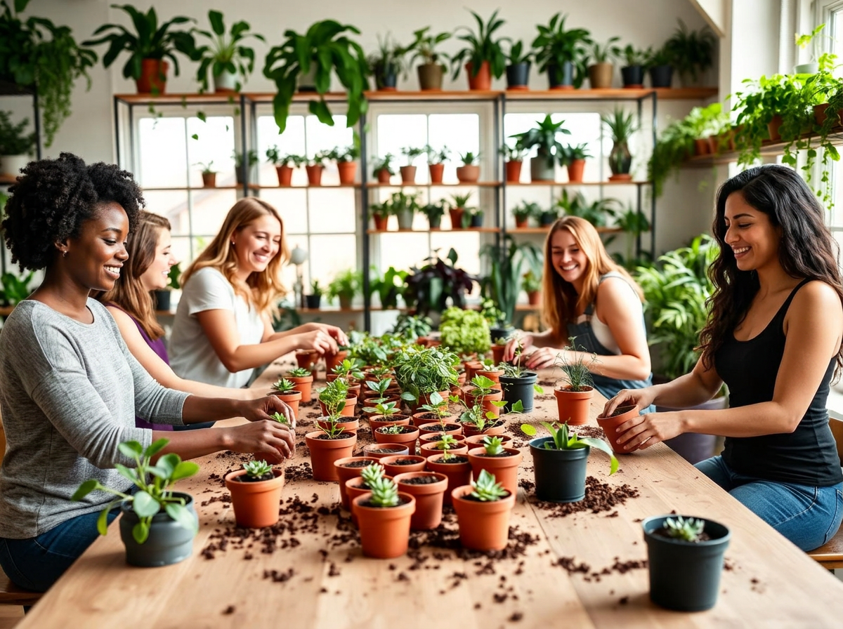 Friends potting plants together at a bright, plant-filled workshop